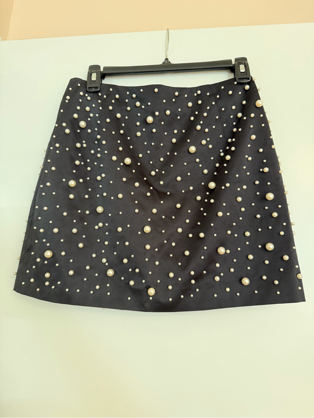 Pearl-Embellished Black Mini Skirt